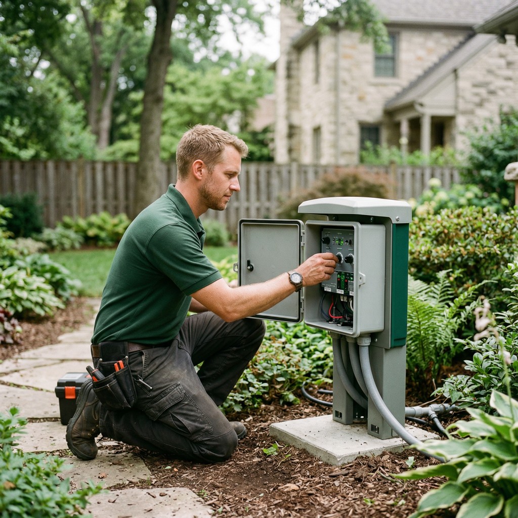 Nimbus Ground Effects technician configuring a fog system control unit