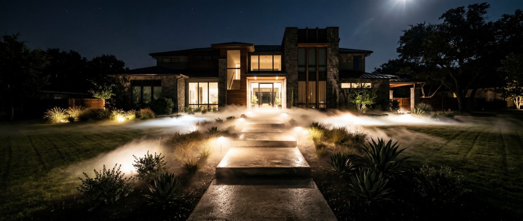 Modern DFW home with ground fog system illuminated by landscape lighting at night