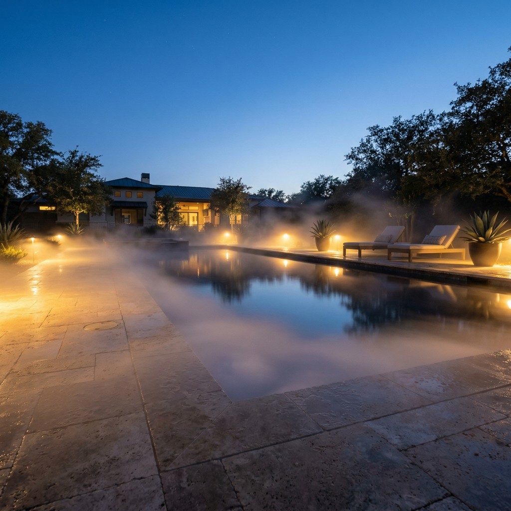 Low-lying fog drifting across a pool deck at twilight