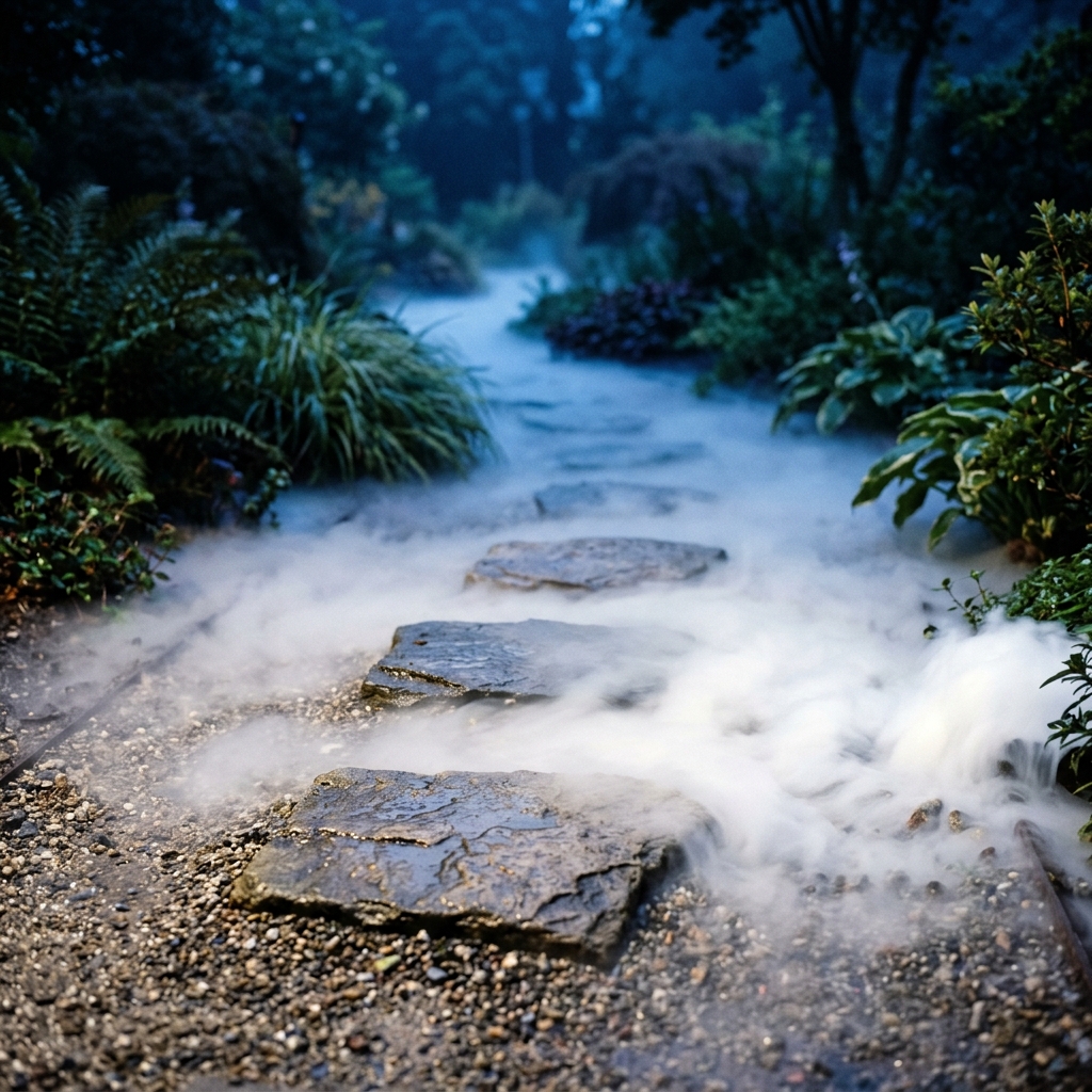 Ground fog rolling across a residential stone garden path at dusk
